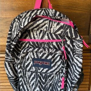 JanSport Backpack Black Gray Zebra Cheetah Print Pink Trim Bookbag Large TDN7